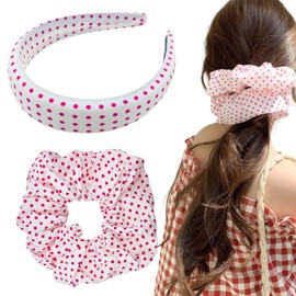 Arvintas 2 Pack Pink Large Hair Ties and Skincare Headbands, No Damage Giant Satin Scrunchies for Sleeping Big Hair Scrunchies for Women Girl (Polka dots)