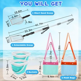 6 Pack Shelling Tools - Seashell Bag, Shark Tooth Sifter Shovel Sand Scoop, Collapsible Beach Bucket & Shell Scooper with Extra Long Adjustable Handle, Adult & Kids Beach Game Toys