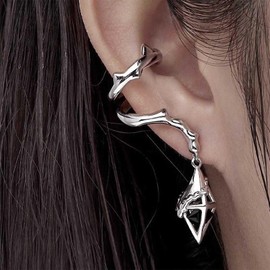 Iaceble Gothic Black Crystal Ear Cuff Earring Onyx Gemstone Non Pierced Earring Silver Thorns Cartilage Cuff Earring Black Gem Cuff Wrap Earring Jewelry For Women(Right Ear)
