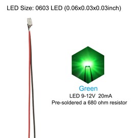 PATIKIL 0603 Pre-Wired Micro LED, 12 Pcs 9-12V Pre-soldered Mini Light Emitting Diodes Surface Mount Device for Model, DIY, 9.8" Length, Green