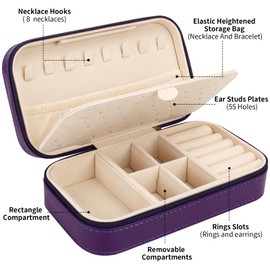 DesignSter Travel Jewelry Box, PU Leather Portable Jewelry Case, Small Jewelry Boxes for Gifts, Travel Jewelry Organizer for Women Rings Earrings Necklaces Bracelets (Dark Purple)