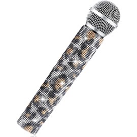 Sanwuta Fake Microphone Prop Microphone Sparkly Bling Rhinestones Plastic Play Microphone Pretend Glitter Bedazzled Microphones for Cosplay Party Supplies(Leopard)