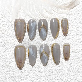 Sun&Beam Nails Handmade Nail Tips, Medium, Long, Almond, Blue, Gold, Gold, False Nails, Nuance, Hand-painted, Gradient Design, Fashionable, False Nails, Pack of 10 (#230 XS)