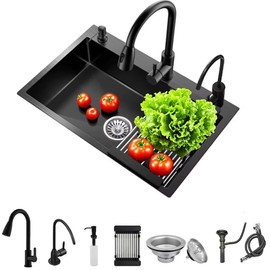 Affodwzun Black Drop in Kitchen Sink, Stainless Steel Single Bowl Sink with 3 Holes, Topmount Workstation Sink, Farmhouse Rectangle Basin with Multiple Accessories (23.6 * 17.7 * 7.9in)