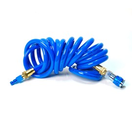 STEELMAN 15-Foot 3/8-Inch ID Coiled Air Hose with Adapter and Reusable 1/4-Inch NPT Brass Fittings, Kink and Abrasion-Resistant Polyurethane Tubing