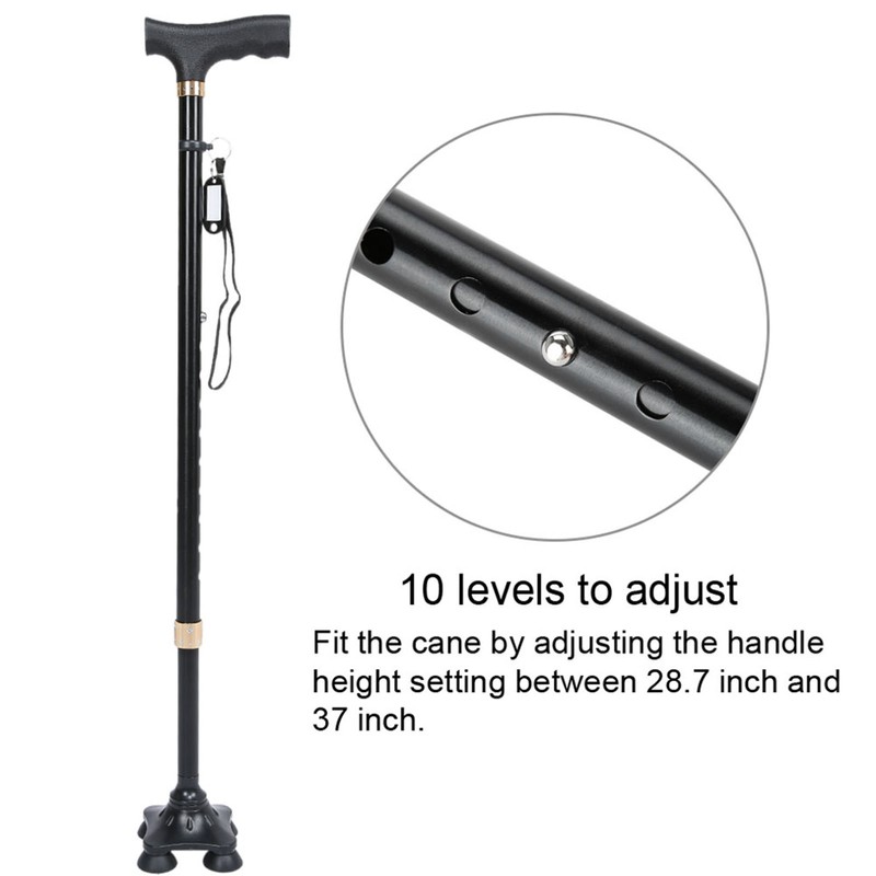 Height Adjustable Aluminum Alloy Cane with T Handle 4-pronged Pivot