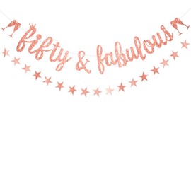 Women 50th Birthday Banner Rose Gold Glitter Fifty & Fabulous Banner 50th Banner 50th Birthday Party Banner by Wonsta