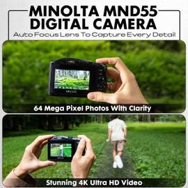 Minolta 64MP Digital Camera – 4K Ultra HD Video at 60FPS, 16x Digital Zoom, WiFi, CMOS Sensor, 3-inch LCD Display, Auto Exposure - Includes 32GB Memory Card, Rechargeable Battery (Purple)