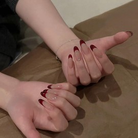 TOGZOM Red French Tip Press on Nails Almond Medium Fake Nails French Nails Press ons Full Cover Acrylic Nails Glue on Nails Natural Almond Nails Rhinestone False Nails for Women in 12 Sizes 24 Pcs