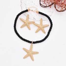 idealway Starfish Daisy Pendant Necklace Earrings Set, Gold Jewelry Sets, Beach Rope Necklace Ocean Jewelry for Women (Black)