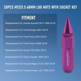 JDMSPEED New Purple 20PCS M12X1.5 Cap Spiked Extended Tuner 60mm Aluminum Wheels Rims Lug Nuts