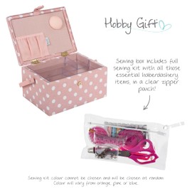Hobby Gift Filled Sewing Box - Craft & Hobby Storage, Sewing Basket with 94 Piece Sewing Kit Included, Medium, Spotty Pink, 18.5 x 25.5 x 14.5cm