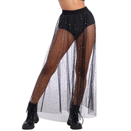 IBAKOM Women's Mesh Sheer Rave Galaxy Mesh Skirt 2 in 1 Sparkly Glitter Sequin Tulle Flowy Beach Cover ups Maxi Skirt Black XL