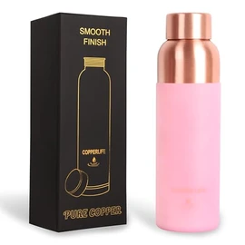 34 Ounces Pure Copper Water Bottle | Handcrafted, Leak-Proof, Eco-Friendly, Health-Boosting Bottle with Silicon Grip | Stylish, Reusable, Perfect for Hydration & Wellness (Pink Silicon Grip)