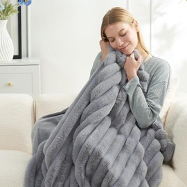 Cozy Bliss Faux Fur Throw Blanket for Couch, Cozy Warm Plush Striped Blanket for Sofa Bedroom Living Room,50 * 60 Inches Grey