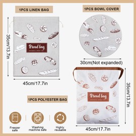 3 Pcs Large 13.8 x 17.7 Inch Sourdough Bread Bag Set Including 1 Reusable Linen Sourdough Bread Bag for Homemade Bread, 1 Tpu Bread Bag 1 Bowl Proofing Cover Sourdough Bread Bag for Artisan Bread Loaf