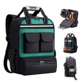 Tool Backpack for Men 18 Inch Heavy Duty Waterproof Multiple Pockets Bag Organizer with Shoulder for Electrician Mechanics HVAC Engineer Green