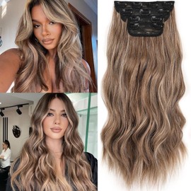 Samtress Clip in Hair Extensions for Women 20 Inch 4 PCS Long Wavy Clip in Hair Extension Synthetic Fiber Thick Hairpieces Brown Mixed Blonde (#8AH18)