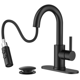 FORIOUS Matte Black Bathroom Faucet with Pull Down Sprayer, Single Hole Bar Sink Faucet 1 Hole with Pop Up Drain Hose, Suitable for Bathroom, RV,Vanity, Restroom & Utility Sink