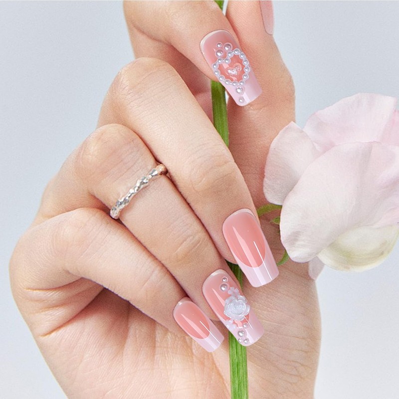 24Pcs French Tip False Nails, Elegant Pink Bow False Nails