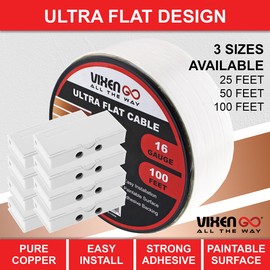 VIXEN GO Hidden Flat Wire 4 Conductor 16 Gauge Paintable Cable for Audio Speakers, Smart Doorbell, LED Lighting, Low Voltage Appliances 100 FT + 8 Quick Connectors