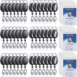 60 Pack Heavy Duty Retractable Badge Holder Reel with Belt Clip Key Ring and 60 Pack Waterproof Vertical ID Card Holders for ID Name Card Keychain Badge Holder (Black)