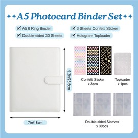 A5 Kpop Photocard Binder with 240 Pockets, Photocard Holder Album with 30 Double Sided Photocard Sleeves Pack, 6 Ring PU Leather Binder Cover, Cute Polaroid Organizer Book (White)