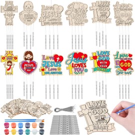 Silipull 24 Sets Christian Crafts for Kids Easter Jesus Loves You Wind Chimes Make Your Own DIY Hanging Wooden Wind Chimes Ornaments for Easter Religious Party Decoration