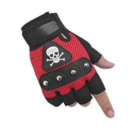 SZTLKHH Men's Punk Rock Biker Gothic Skull Gloves Motorcycle Skeletal Rivet Cycling Driving Fingerless Mitten (Red)