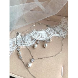 ONDEGO® SILBER 3er PERLEN Set Zirkonia Silber Strass Schmuck Kette Schmuckset Armband Kommunion Ball Abiball Hochzeit Brautschmuck