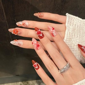 Flower Press on Nails Medium Almond Glitter Fake Nails 3D Luxury Floral Rhinestones Embossed Designs Handmade Press on Nails Muti-Layer Gel Thick False Nails Red Gradient Acrylic Nails (Size S)