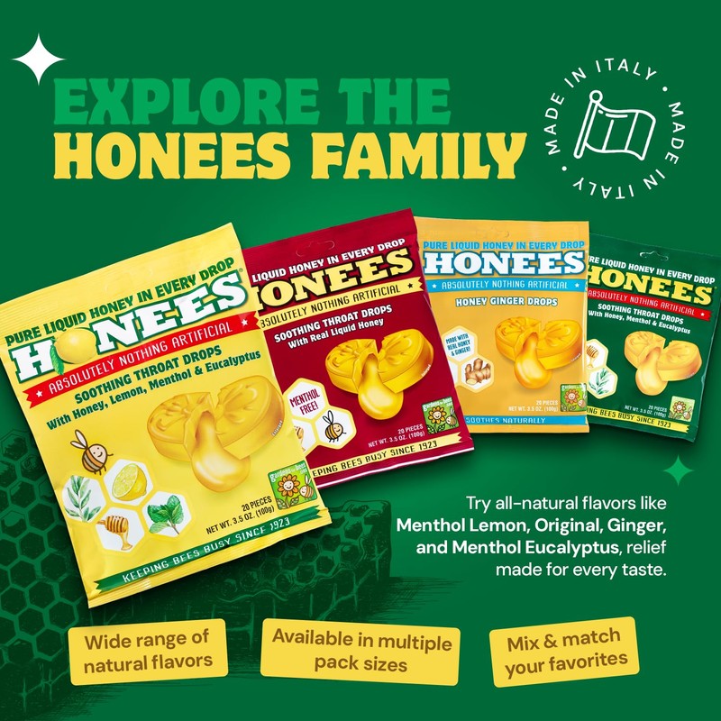 Honees Filled Honey Lemon Cough Drops- Filled with Honey, Menthol,