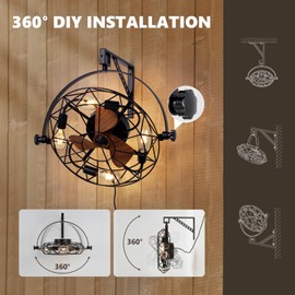 21" Fansconce, 360° Adjustable Tilt and Plug in Wall Mounted Fan, Garage Ceiling Fan with Lights and Remote, Reversible 6-Speed Timming Wall Fan for Residential, Greenhouse, Patio, Commercial etc