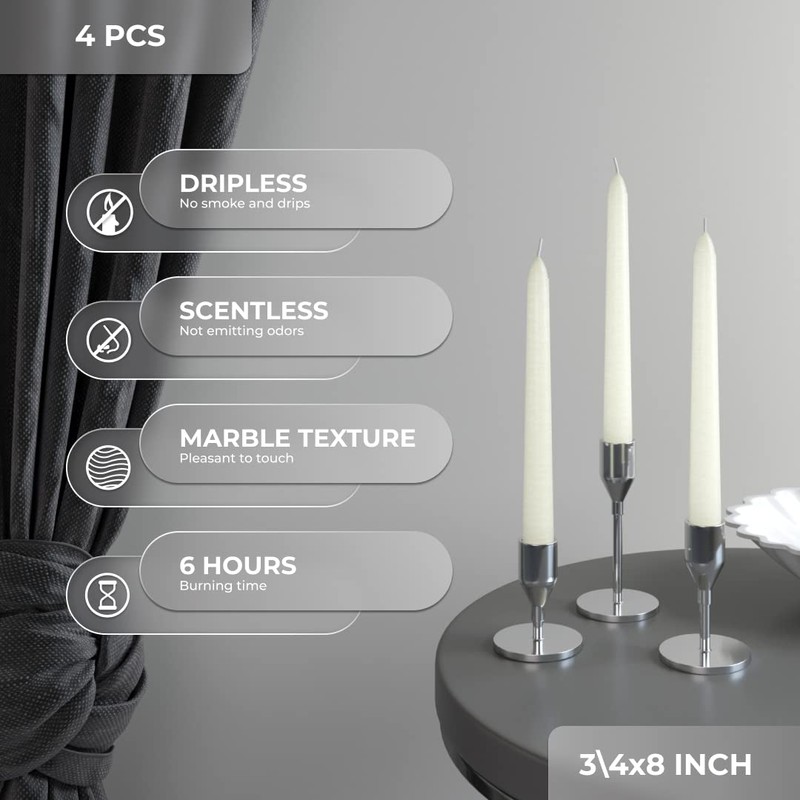 CANDWAX Ivory Taper Candles 8 inch Dripless - Set of