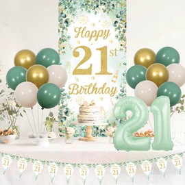 Kreatwow 21st Birthday Decorations Sage Green Happy 21st Birthday Door Banner 21st Happy Birthday Triangle Flags Banner Happy 21st Birthday Decorations Number 21 Foil Balloons for Her and Him