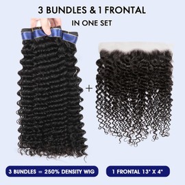 Deep Wave Bundles Human Hair with Frontal Closure (20 22 24+18, Free Part) 16A Human Hair 3 Bundles with 13x4 HD Lace Frontal 100% Brazilian Raw Hair Weave Wet and Wavy Curly Bundle Natural Black