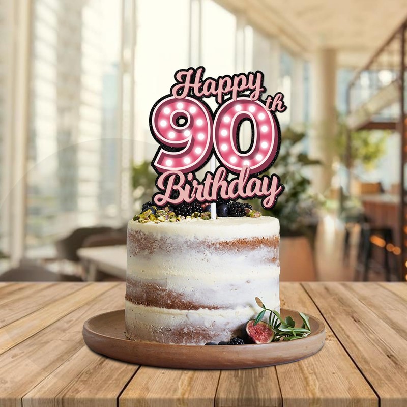 Decoración para tartas de feliz cumpleaños 90 con purpurina rosa,