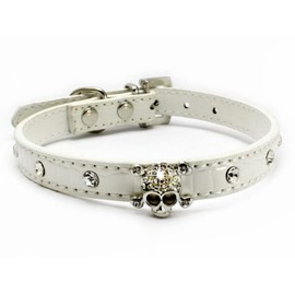 Bbmmayy Cute Dazzling Sparkling Elegant Fancy Skull Diamond Crystal Rhinestone Leather Small Pet Dog Cat Collar Puppy (S, White)