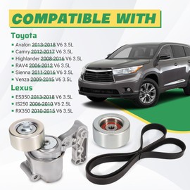 Rendrox Serpentine Drive Belt Component Kit w/Tensioner & Idler Compatible with Le-xus ES350 RX350 IS250 To-yota RAV4 Sienna Camry Avalon Highlander Venza 2006-2018, Replace 90K-38410