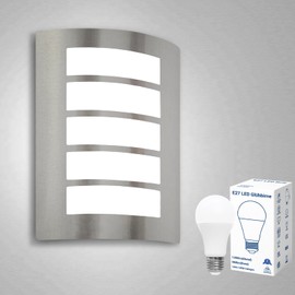 Allesgute Outdoor Wall Lights Mains Powered Curved Outside Lights Stainless Steel Exterior Wall Sconce IP44 Waterproof Outdoor Security Lights Incl. 1x 12W E27 Bulbs Cool White 6000K