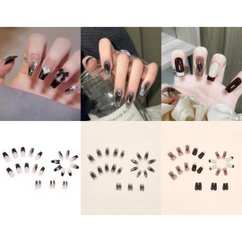 NIUANIUA Nail Tip, Popular, Japanese Style, Bride Nail, Shiny, False Nails, Cute, Round Tip, Fashion, 3D Nail Tip, Long, Nail Tip, 12 Sizes, 72 Pieces (Gradient Black)