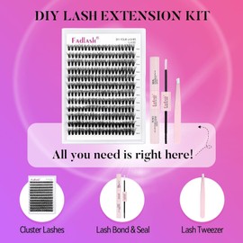 FADLASH DIY Lash Extension Kit Individual Lashes Cluster D Curl Eyelash Extension Kit with Lash Bond and Seal and Lash Applicator Tool for Self Application at Home (50D-0.07D-12-18MIX KIT）