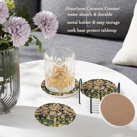 Nicegod Tree of Life Drink Coasters Set of 6, William Morris Tree Flower Sage Green Herbs Round Absorbent Ceramic Coaster, with Metal Holder and Cork Base, Coasters for Coffee Table Home Decor Gifts
