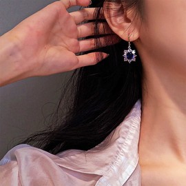 Allereya Vintage Oval Sapphire Sun Drop Earrings Rhinestone Flower Dangle Earrings Sparkly Cz Sunflower Hoop Earrings Sapphire Crystal Wedding Earrings Jewelry for Women and Girls