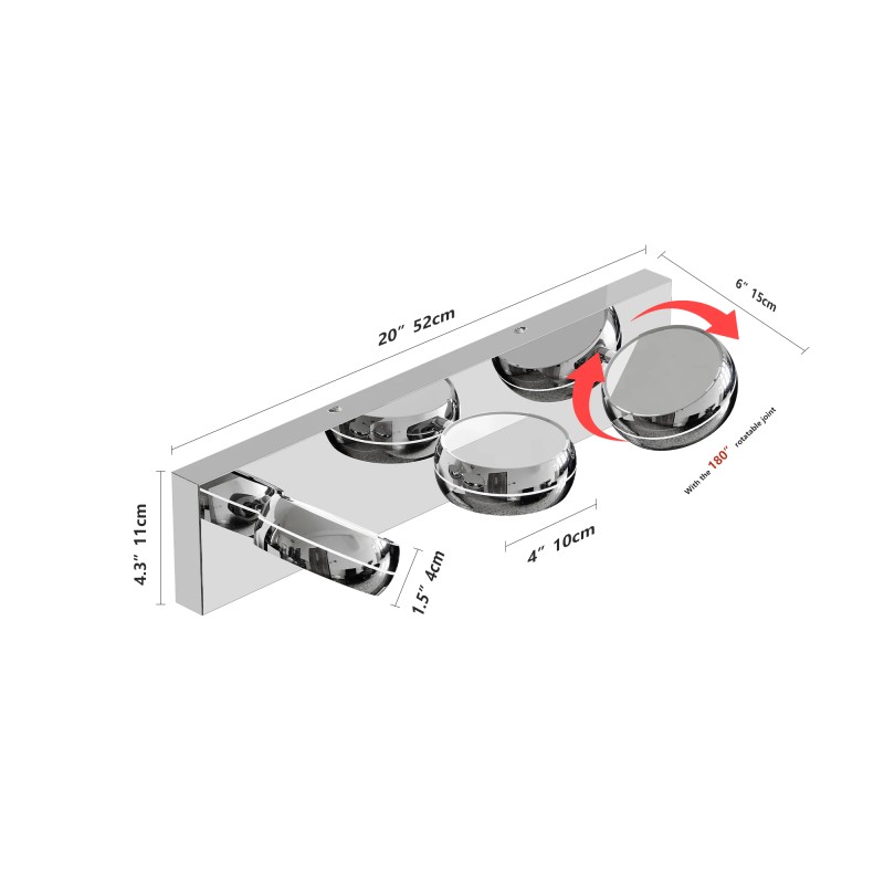 Modern Chrome LED Bathroom Vanity Light Fixtures, 3-Light Dimmable Wall