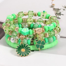 Ardorchid St. Patrick's Day Bracelets Irish Green Shamrock Green Leaf Beaded Stretchy Bracelet for Women Girls Gifts St.Patricks Party Favors, Glass, no gemstone, 4Set St Patricks Bracelets