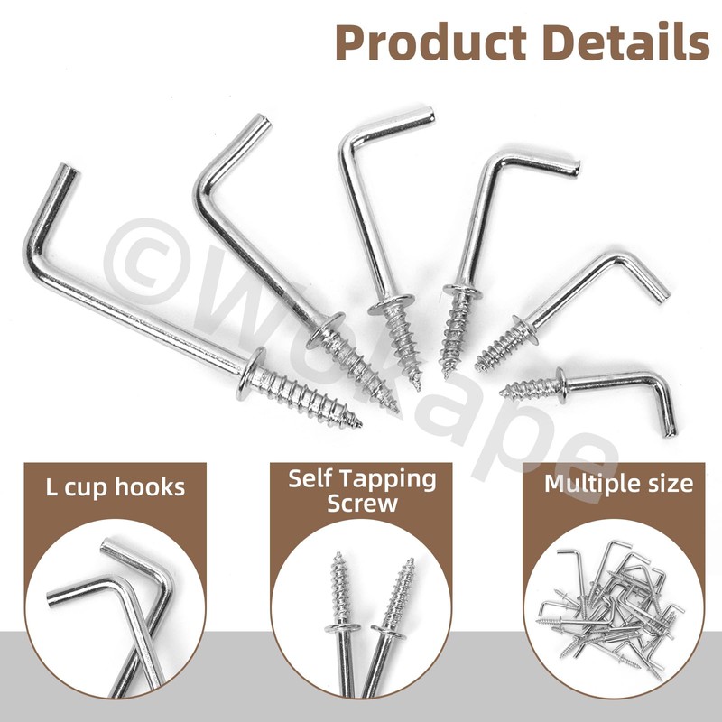 Wokape 120Pcs 6 Sizes Metal Screw-in Square Bend Hooks Kit,