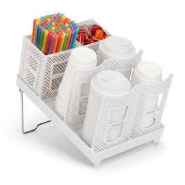 6-Compartment Coffee Cup Dispenser with Straws Holder, Plastic Coffee Cup and Lid Holder, 10-22oz Disposable Paper Cups Organizer for Countertop,Station,Bar,Office,Restaurant,Breakroom-White