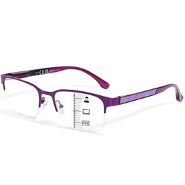 FONHCOO Progressive Multifocal Reading Glasses for Women Men, Metal Half Frame Blue Light Computer Readers with Spring Hinges (Purple 2.5)