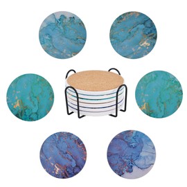 Absorbent Drink Coasters Set of 6, Blue Ceramic Coasters Cork Backing with Holder for Drinks